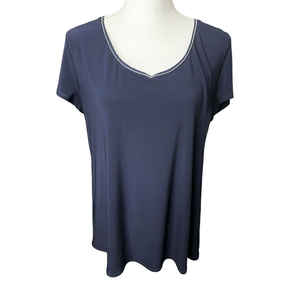 Joseph Ribkoff Women’s Navy Stretch Beaded Short Sleeve High Low Tunic Top Sz 14
